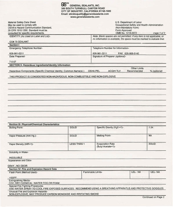 msds - material safety data sheets for GS #79 extruded butyl pipe joint sealant